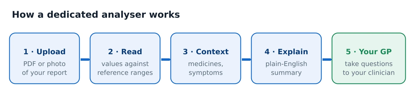 Five-step flow of a dedicated analyser: upload PDF or photo, read values and ranges, add context such as medicines and symptoms, give a plain-English summary, then take it to your GP