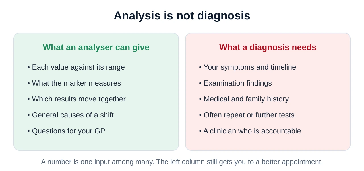 Side-by-side comparison showing what analysis provides — values against ranges, plain-English meaning, patterns and questions — versus what diagnosis requires: symptoms, examination, history, further tests and clinical responsibility