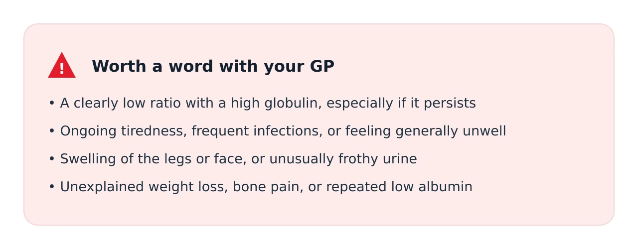 Card listing reasons to contact your GP about protein results: a clearly low ratio with high globulin, persistent symptoms, swelling or frothy urine, or unexplained weight loss and bone pain