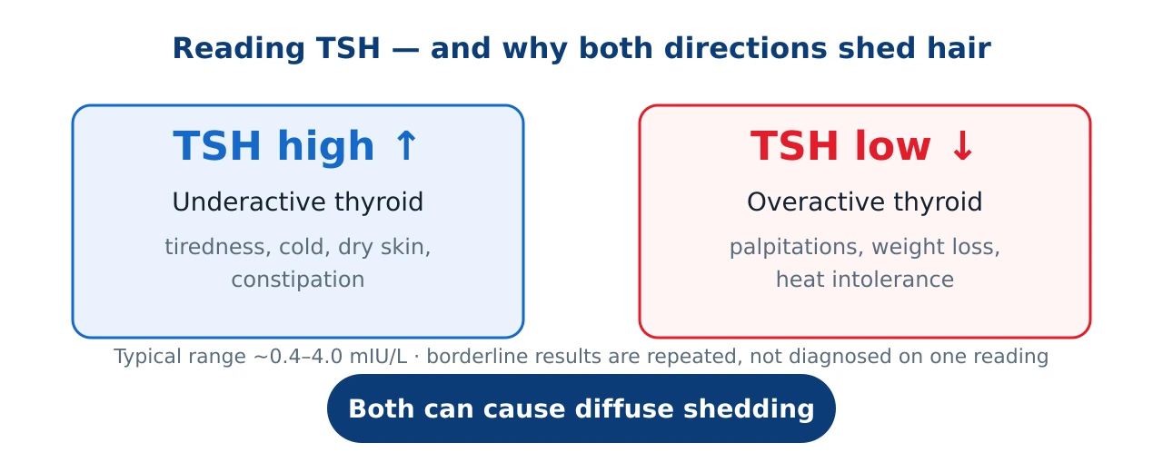 Diagram showing that a high TSH suggests an underactive thyroid and a low TSH suggests an overactive thyroid, and that both can cause diffuse hair shedding