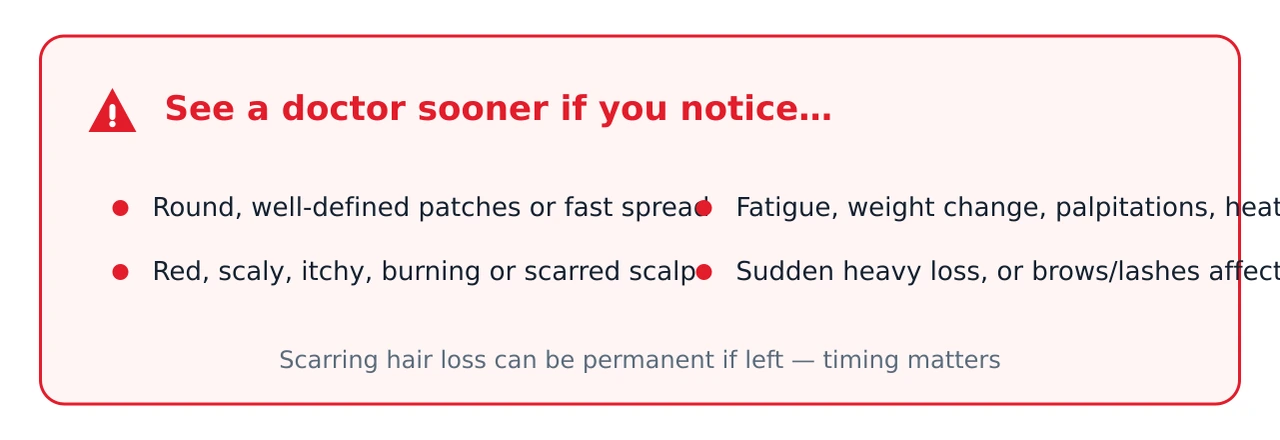 Card summarising four red-flag signs that mean you should see a doctor sooner: patchy loss, an inflamed or scarred scalp, other symptoms, and sudden heavy shedding