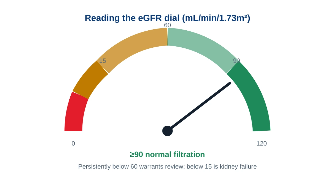 Semicircular gauge for eGFR from 0 to 120, with a red zone below 15, amber to 60, and green from 60 to 120, and a needle pointing to about 95 in the normal green zone