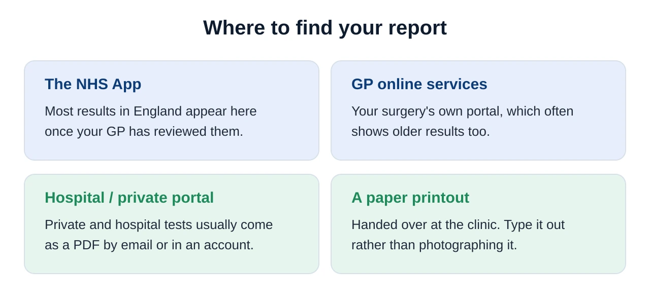 Four places UK blood test results are found: the NHS App, GP surgery online services, a hospital or private laboratory portal, and a paper printout from the clinic