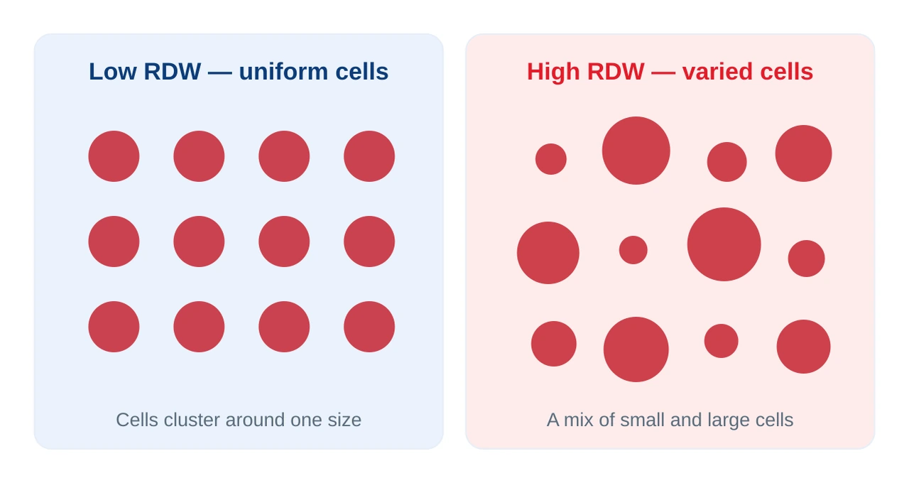 Two panels comparing uniform red cells with a low RDW against varied red-cell sizes producing a high RDW