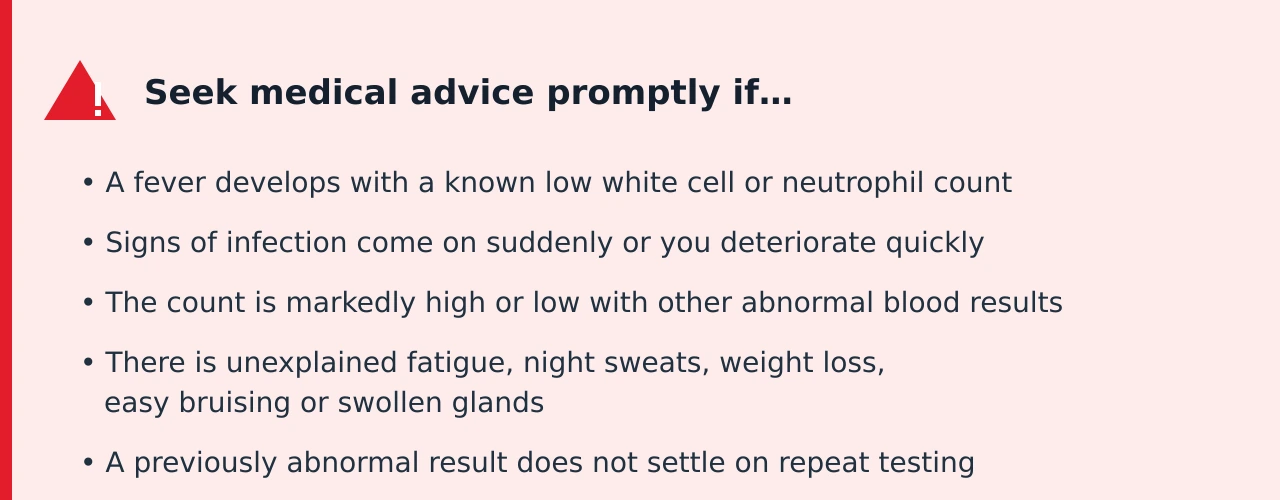 Warning card listing when to seek medical advice about a white blood cell count: fever with a known low white cell or neutrophil count, sudden signs of infection, a markedly high or low count with other abnormal results, unexplained fatigue, night sweats, weight loss, easy bruising or swollen glands, and a result that does not settle on repeat testing