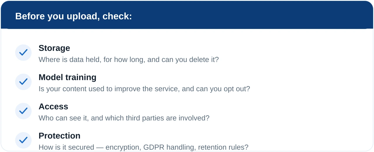Privacy checklist to review before uploading health data: where and how long data is stored, whether it is used to train models, who can access it, and how it is protected.